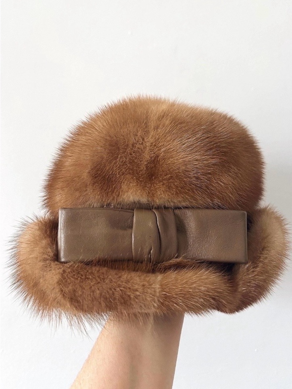 Vintage caramel Fur Cloche Hat with Leather Bow